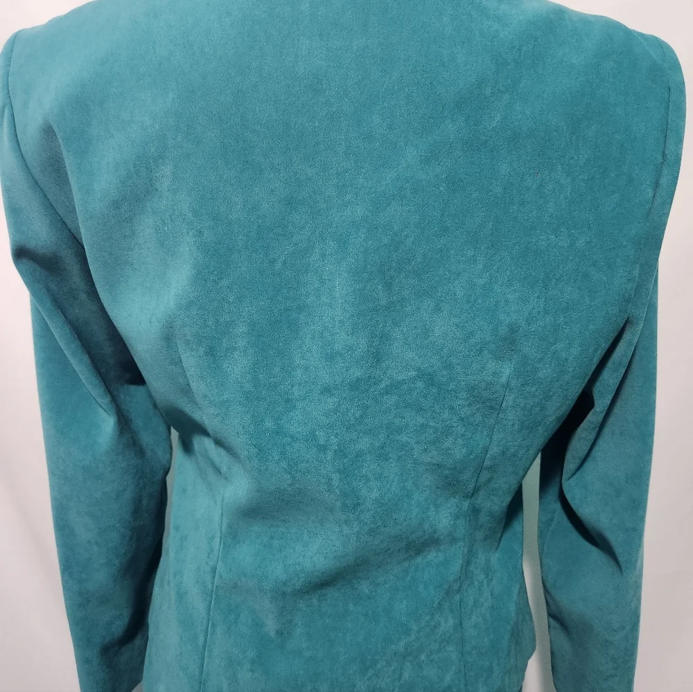 Vintage Leslie Fay Turquoise Velvet Skirt Suit Jacket Set W Gold Buttons Size 6P